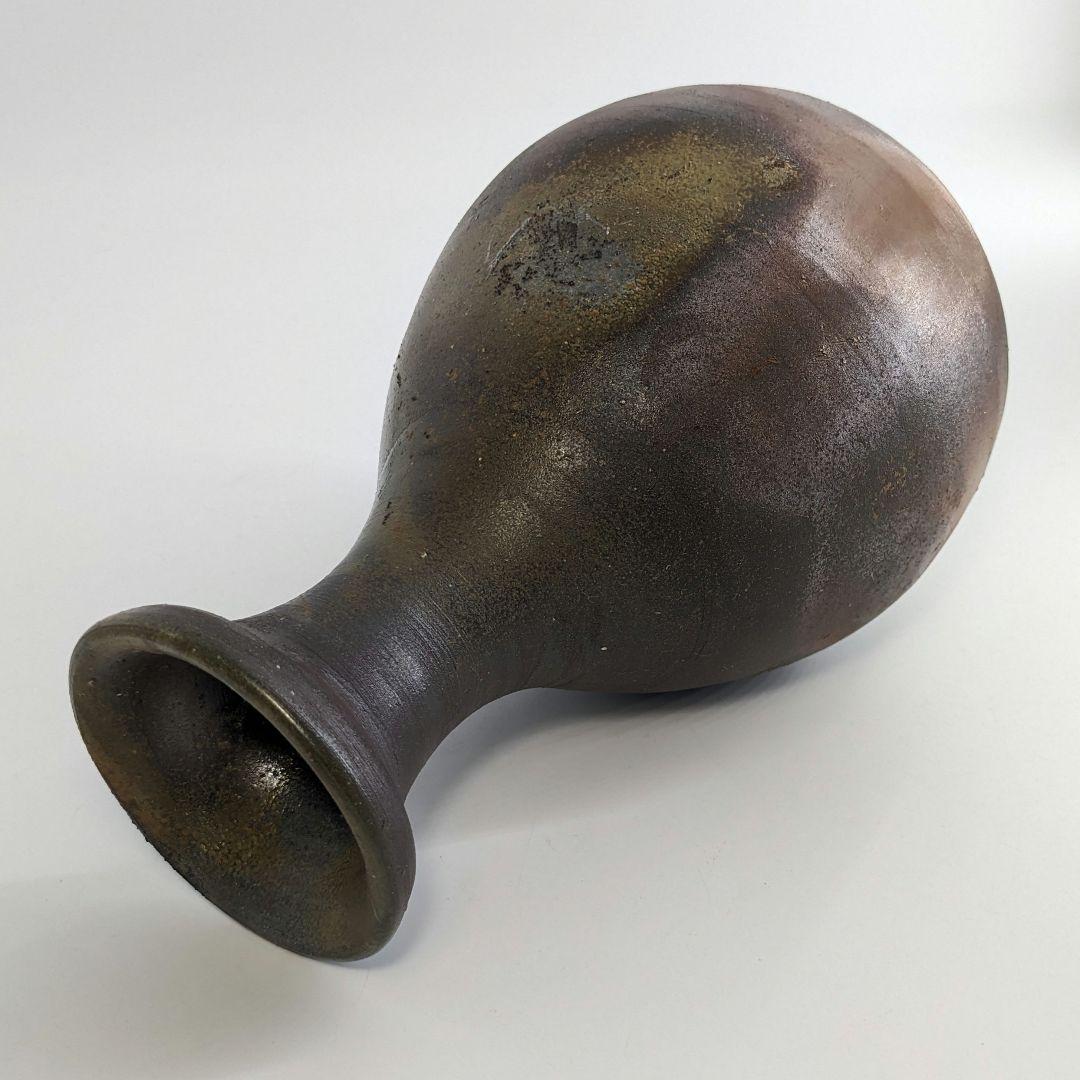 岡山県重要無形文化財 吉本正 備前焼 鶴首花入 共箱共布 虹彩 花器 華道具