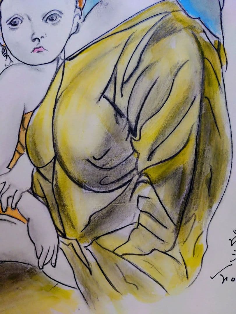 【F6号】藤田嗣治【母子】手描き作品/表裏サイン・鑑定書有り/鉛筆/水彩/額縁