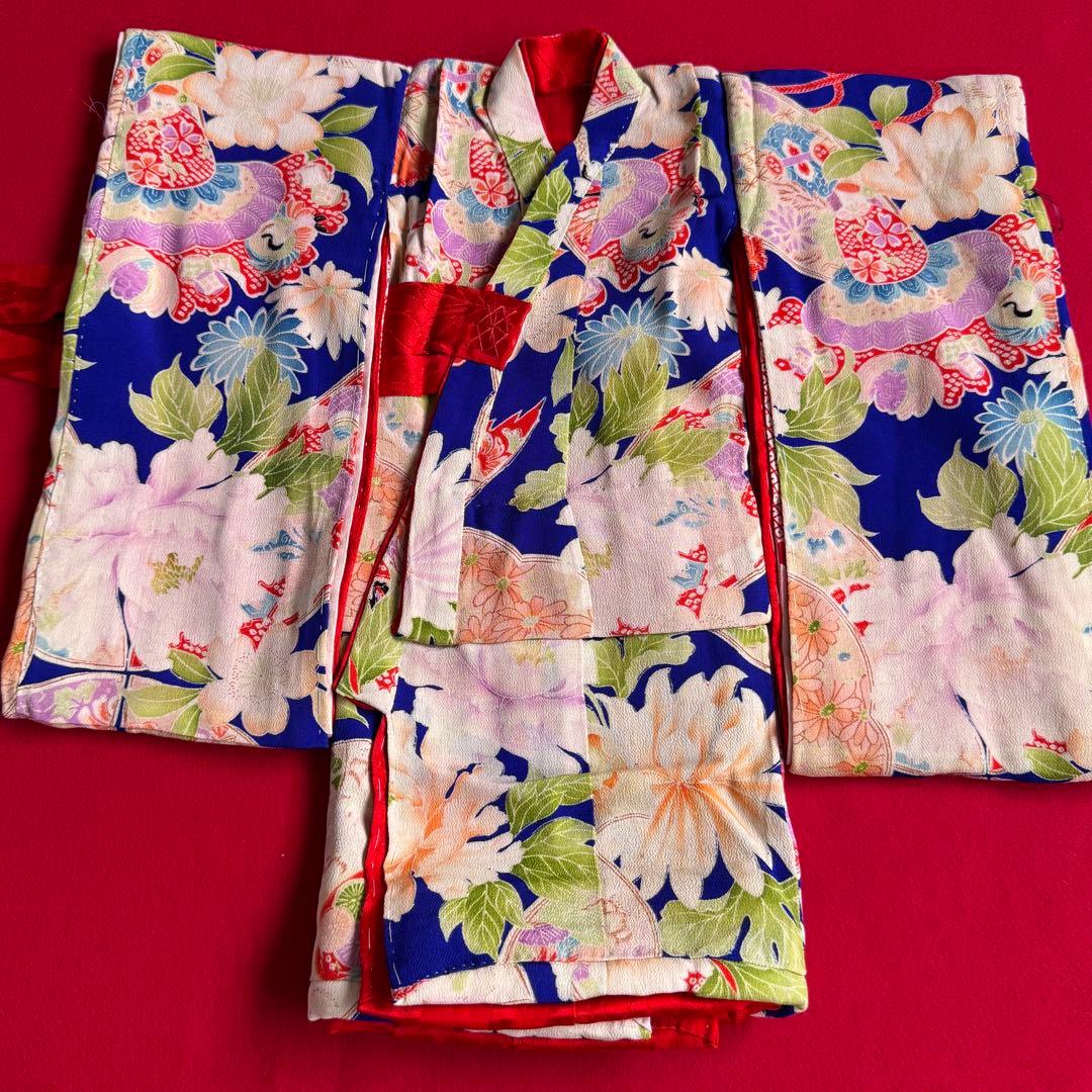 市松人形 13号(47cm)サイズの着物　比翼仕立て　ロイヤルブルー　花鶴