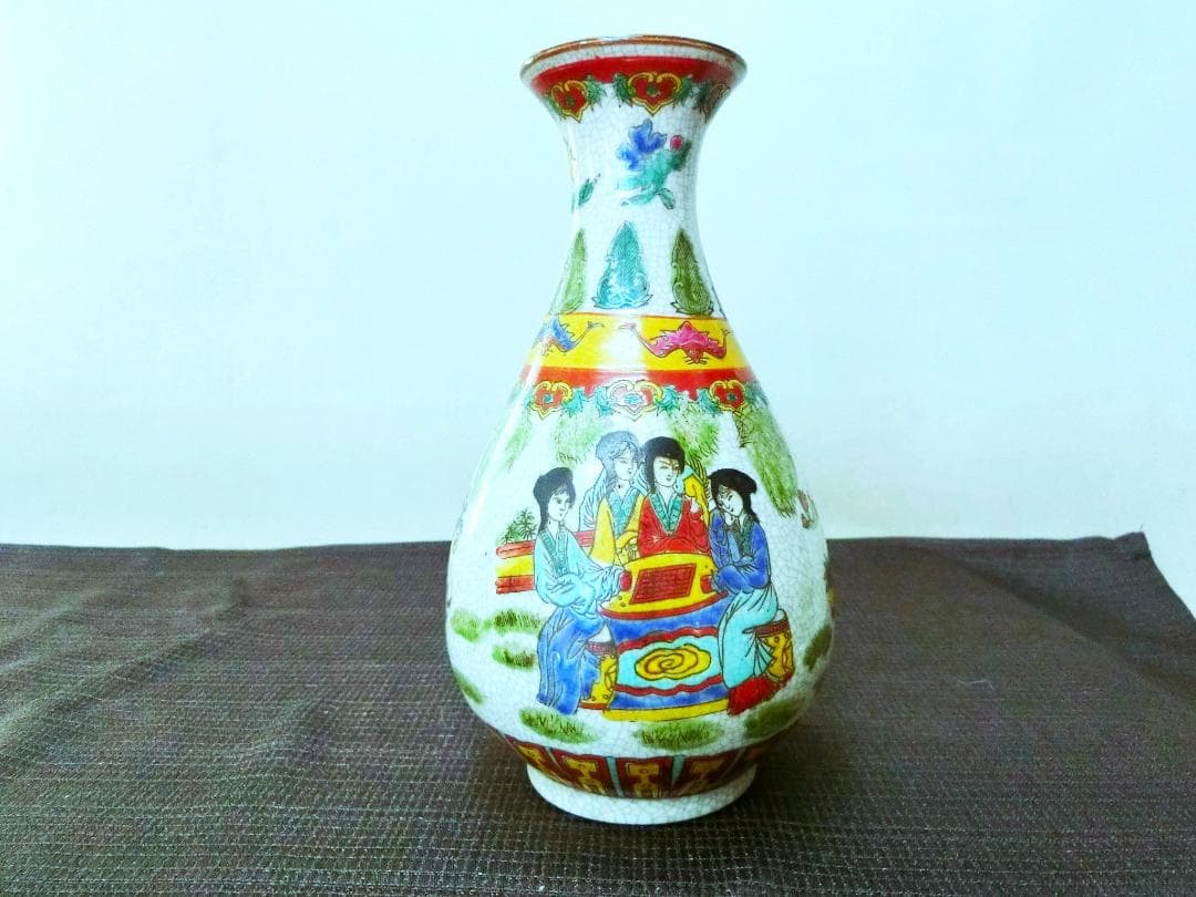 彩キレイ！【美人画色絵花瓶　描きこみ全体花器　在銘　 中国・GB】★鑑賞陶磁器