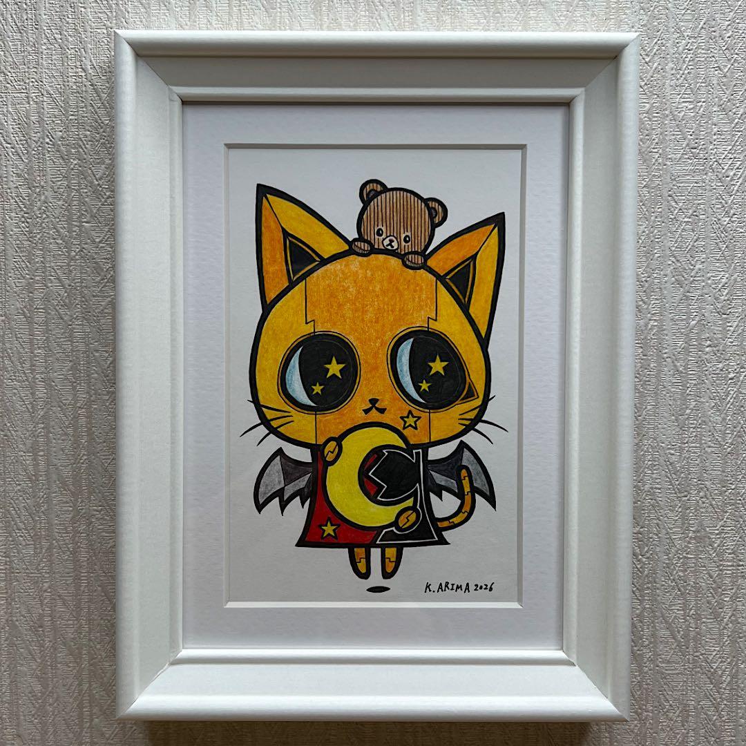 動物 原画 絵 手描き 癒し 猫 アート 一点物 額縁付『月を運ぶ猫型ロボット』