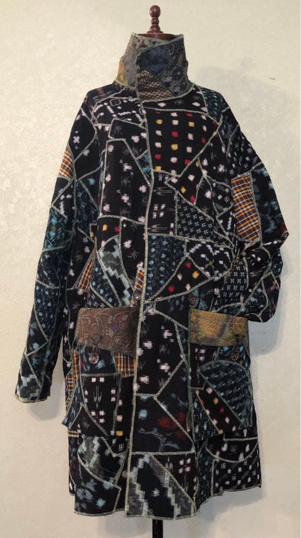 ハンドメイド　着物リメイク　大島紬&綿つぎはぎリバーシブルラグランコート
