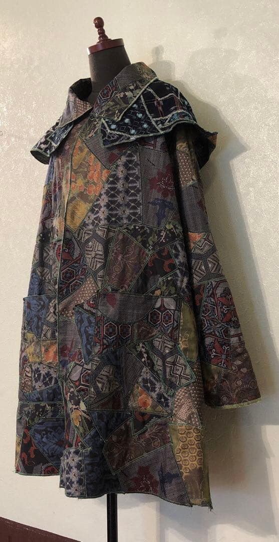 ハンドメイド　着物リメイク　大島紬&綿つぎはぎリバーシブルラグランコート