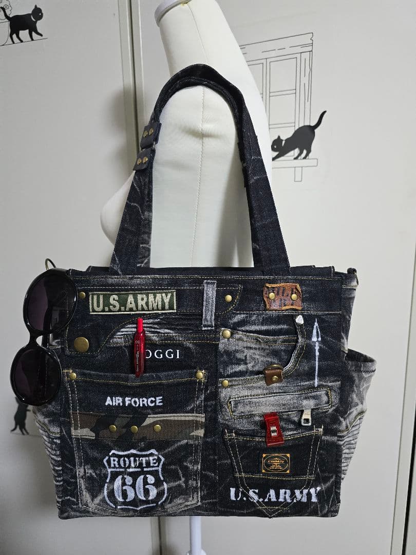 大きめ デニムリメイクバッグ 上部ファスナー メンズ COOL 底板付き