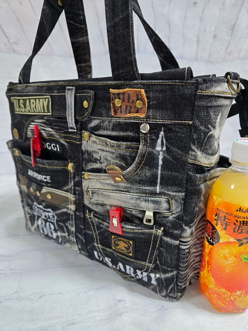 大きめ デニムリメイクバッグ 上部ファスナー メンズ COOL 底板付き