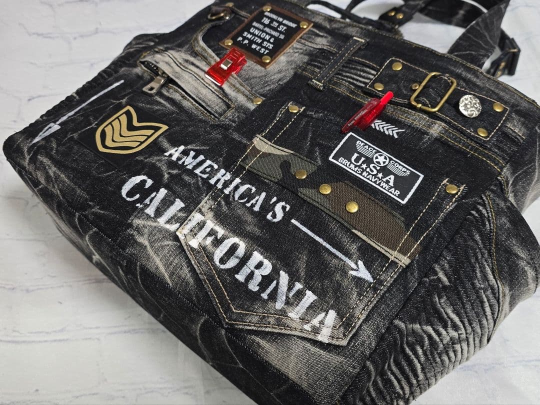 大きめ デニムリメイクバッグ 上部ファスナー メンズ COOL 底板付き