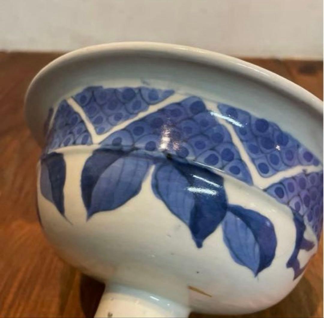 美品　古伊万里　染付の器　江戸時代　肥前　磁器　高杯　金継ぎ　染付の絵柄が上品な