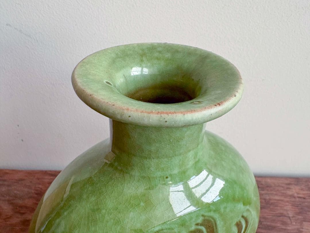 値下げ　舩木研児　緑釉　三脚花生　共箱付　無傷　希少　民藝　バーナードリーチ