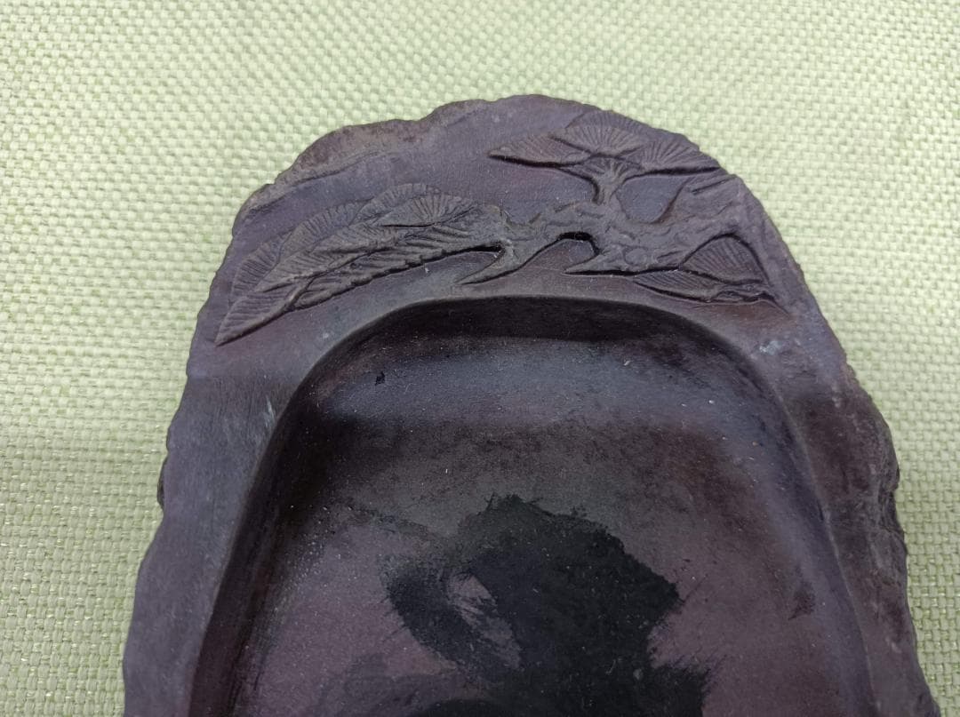 都《KESHK》中国　書道具　竹鳥刻　端渓硯　唐木蓋硯