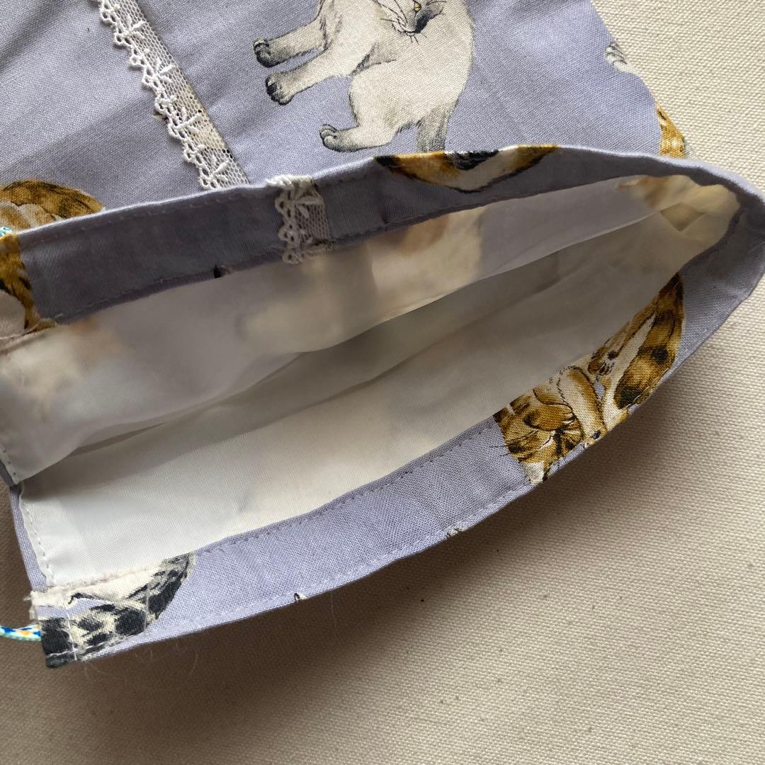 ハンドメイド　巾着　巾着袋　猫柄　グレー　2点セット