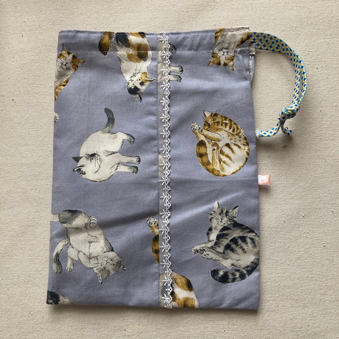 ハンドメイド　巾着　巾着袋　猫柄　グレー　2点セット