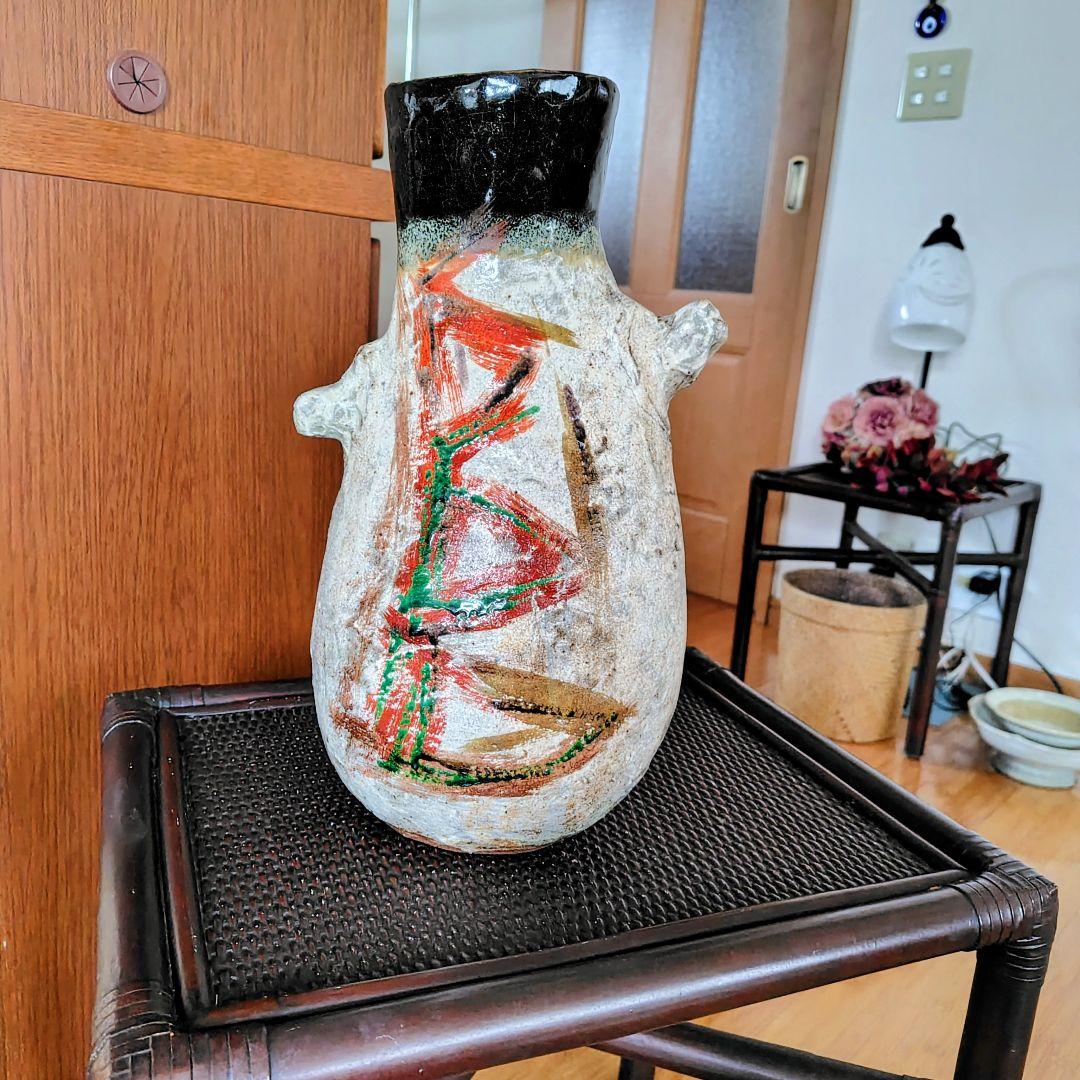 希少 益子焼 設楽洋子作 花瓶 手仕事の一点物 オブジェ 花器・ポン