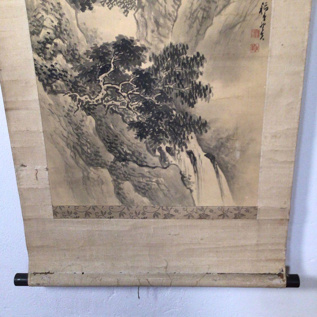 No3454掛軸　在銘　稲香　山水図　絹本　中国画　古画　古美術　時代　送料無料