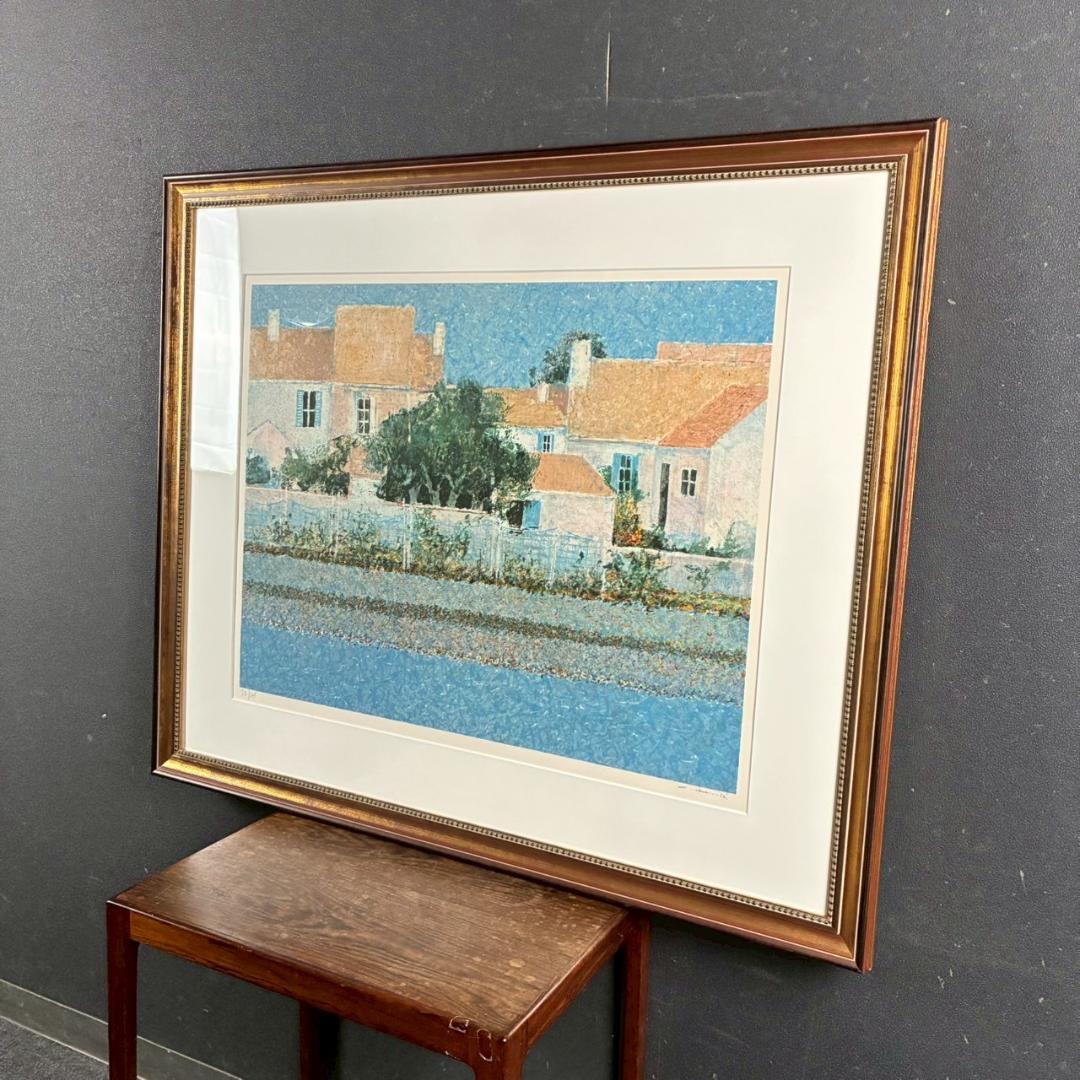 美品 アンドレ・ブーリエ「水辺の家」リトグラフ 直筆サイン入 お洒落な額装 点描