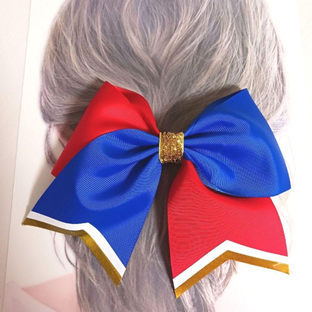 輝くステージを応援します♡赤×青×ゴールド金チアダンスリボンヘアゴム☆おひとつ