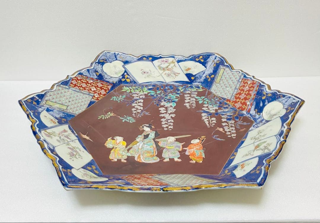 お値下❌ 明治 初期 香蘭社 色絵褐地藤絵人物文 ブラックホーソン六角大皿