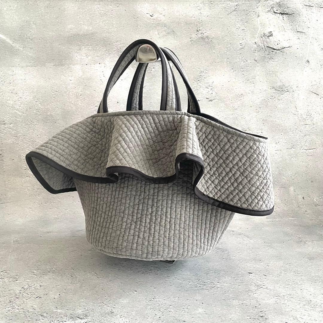 フリル付き丸底マルシェバッグ　ヌビバッグ　グレー　ハンドメイド