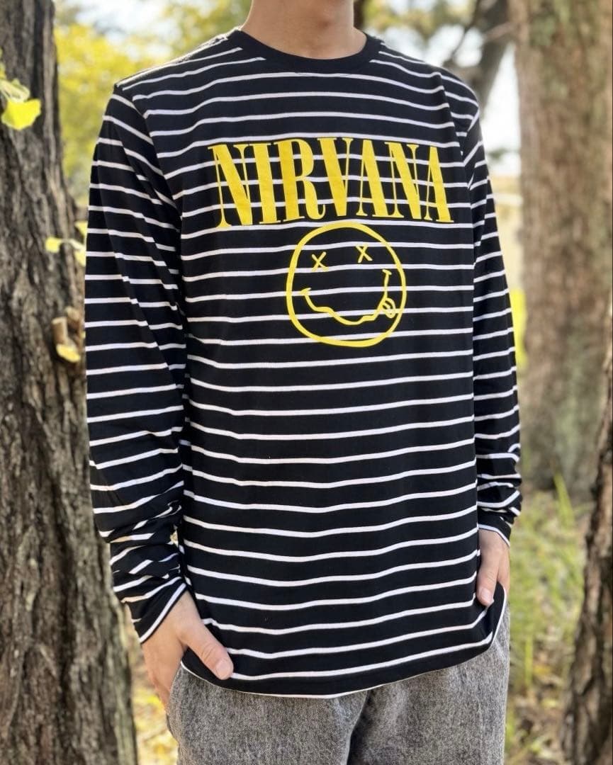新品未使用 NIRVANA / Happy Face ボーダー長袖Tシャツ L