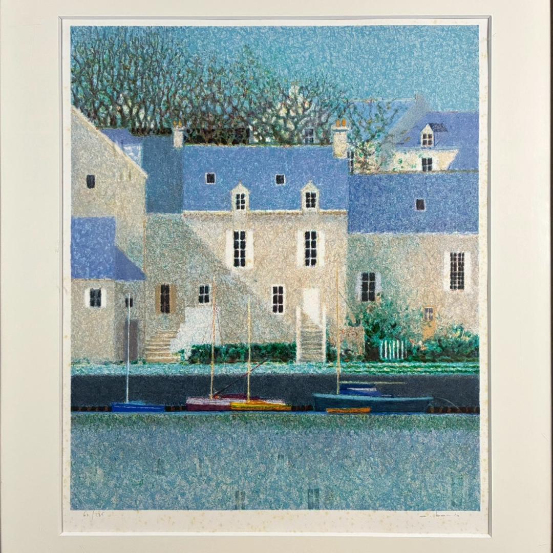 アンドレ・ブーリエ「ブルーの屋根」リトグラフ 直筆サイン入 点描画