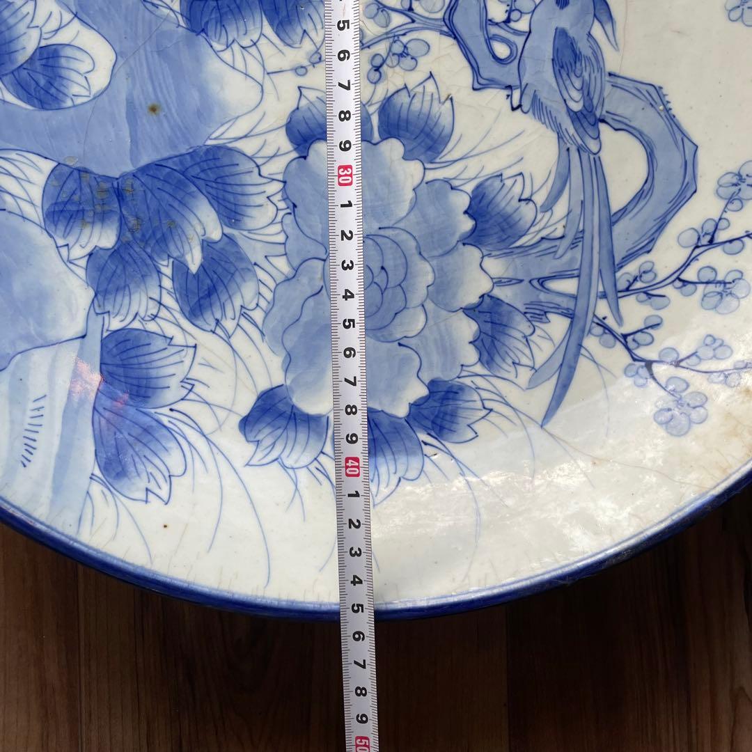 60）大皿　45.5㎝　花と鳥文様　伊万里焼　飾り皿　染付　アンティーク　レトロ