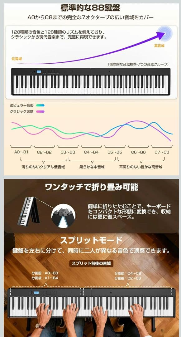 電子ピアノ 88鍵盤 折りたたみ式 MIDI対応 譜面台付き 日本語説明書付