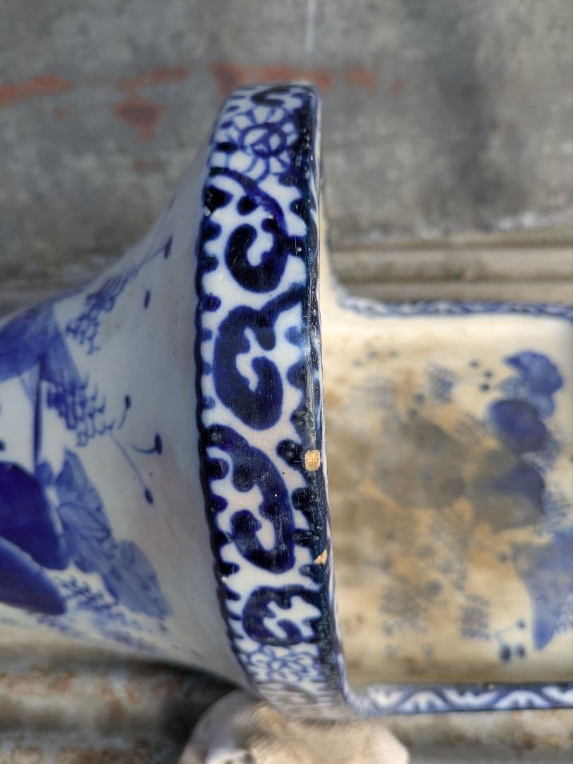 古便器　小便器　セット　青と白の花柄　古道具　アンティーク　伊万里焼