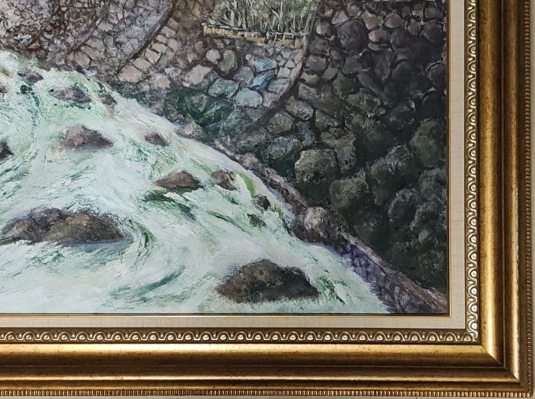 F30号 大型 油絵【旅情 温泉街 昭和レトロ】ヴィンテージ木製額縁付 店舗什器