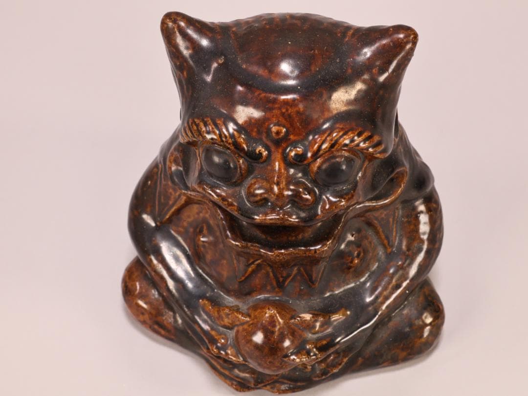 BK400　江戸期　古瀬戸焼　在銘あり　飴釉薬　鬼置物　魔除　風水