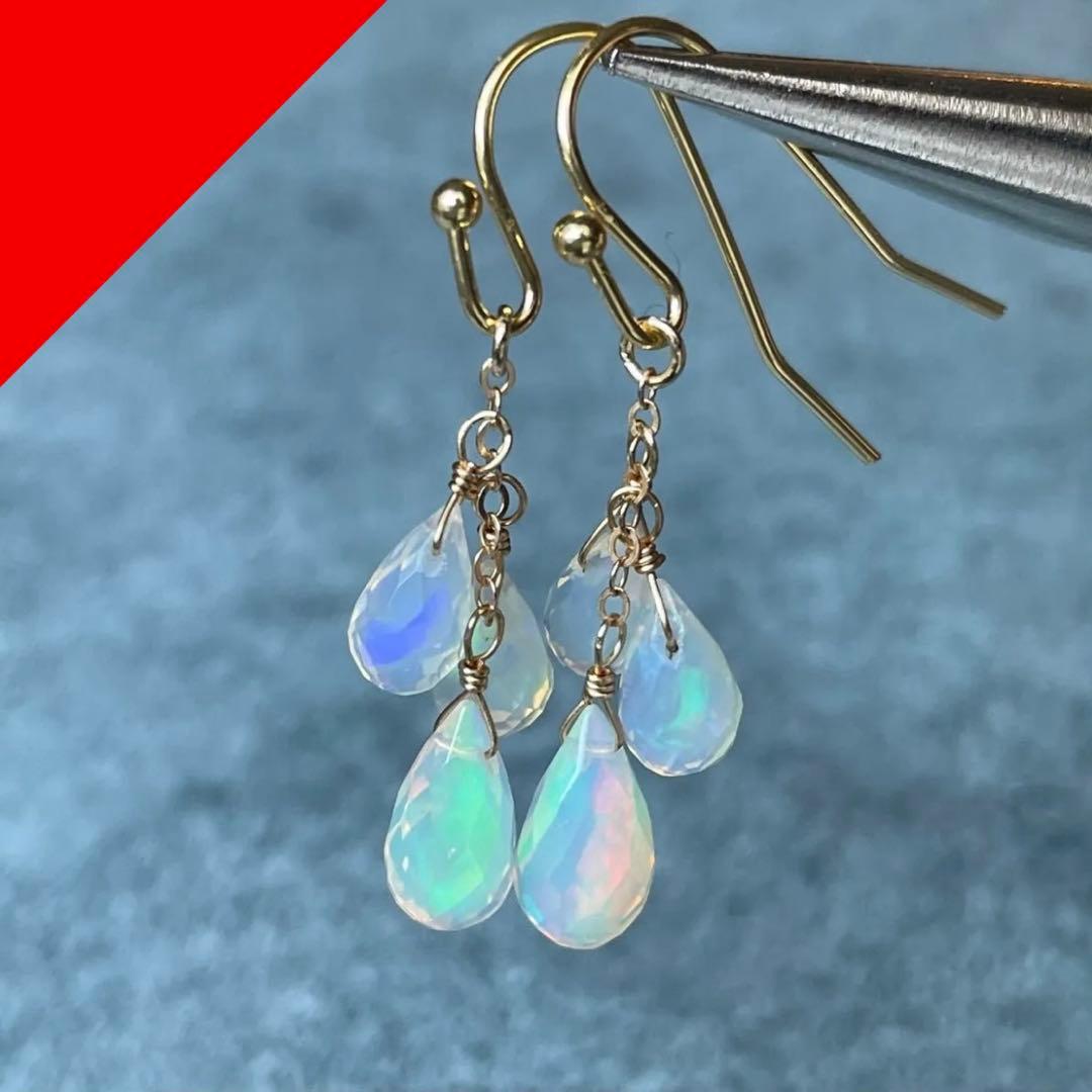 遊色ギラギラ プレシャスオパール ブリオレット ドロップ 3連ピアス