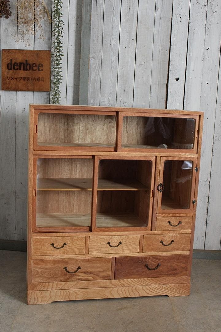 古い木枠のガラス戸棚　木製引き出し6杯　食器棚　本棚　キャビネット　古家具