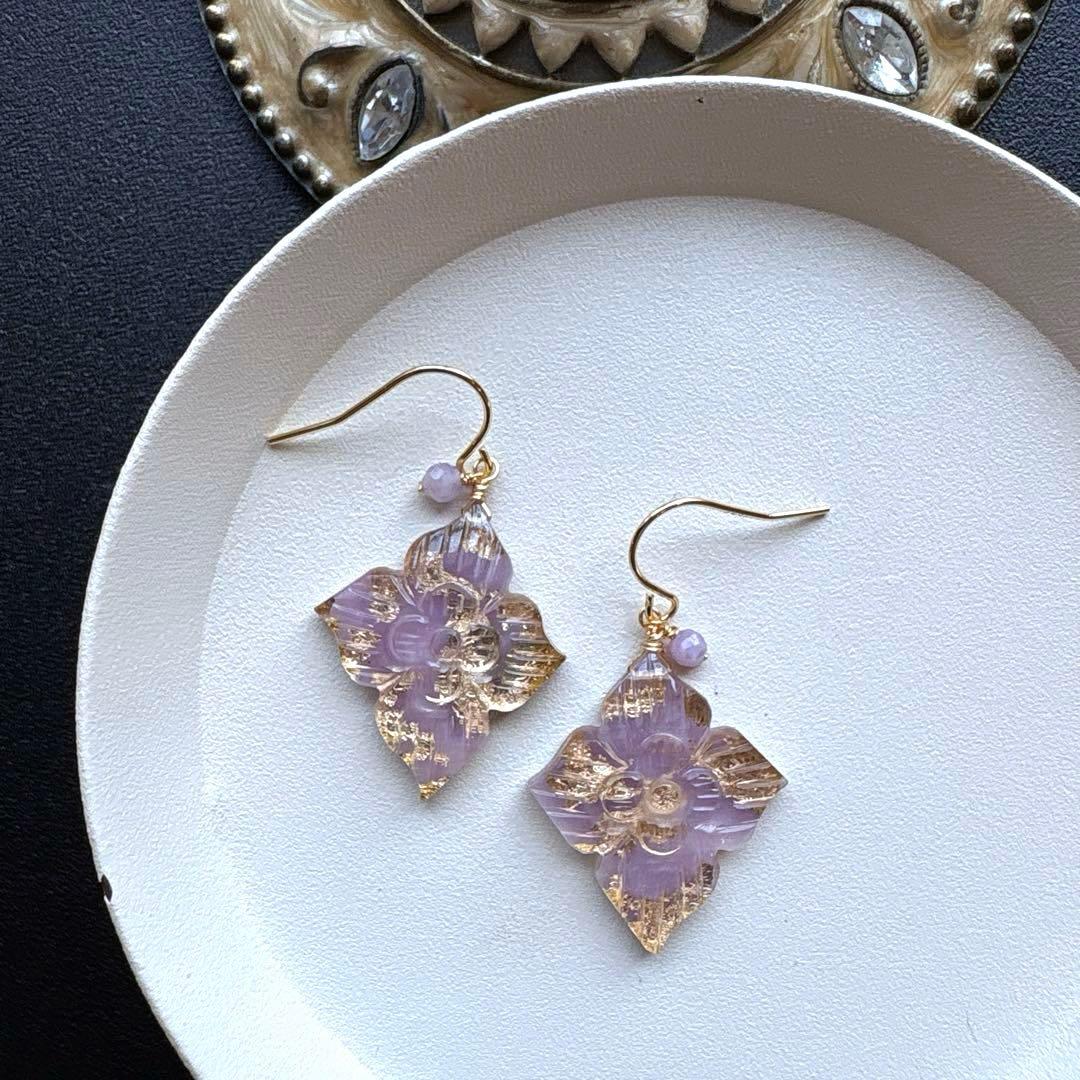 《1点限定》ラベンダーレピドライトダブルフラワーカービング＊ピアスorイヤリング