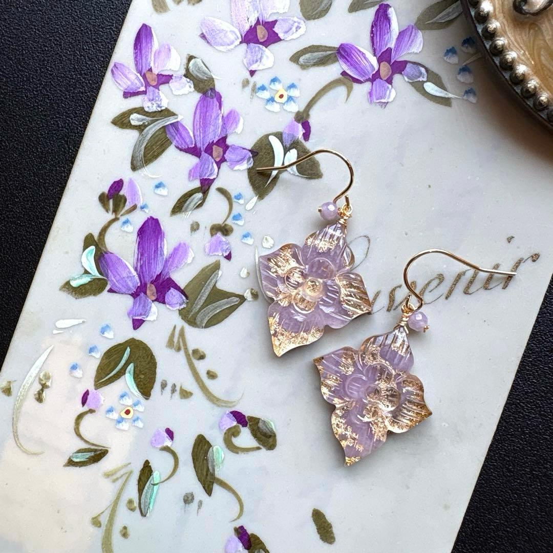 《1点限定》ラベンダーレピドライトダブルフラワーカービング＊ピアスorイヤリング