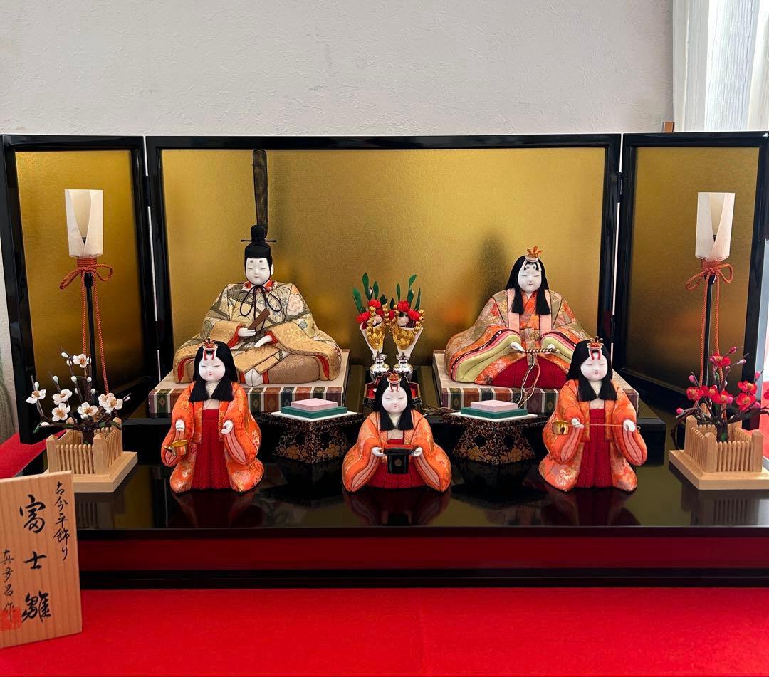 本格派 木目込み雛人形セット　真多呂作　黒塗台74×42.5cm 被布コート付き