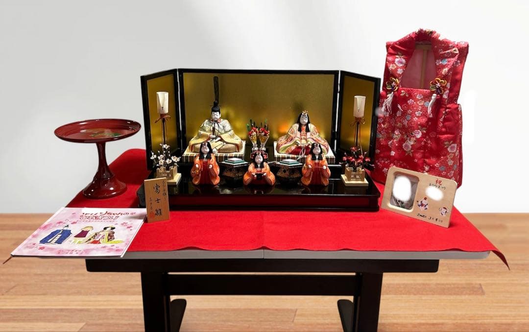 本格派 木目込み雛人形セット　真多呂作　黒塗台74×42.5cm 被布コート付き