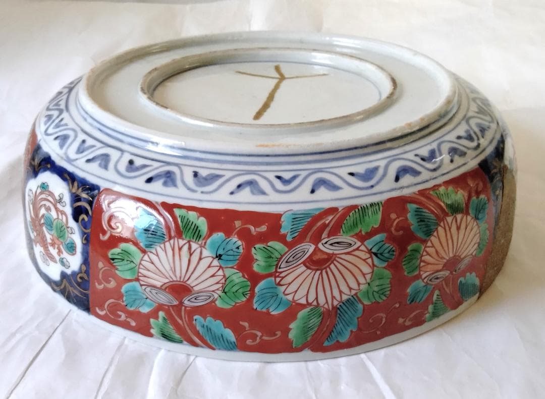 陶器 大深鉢(大) 荒波に獅子・牡丹・鳳凰 色絵 二重鉢揃い Ab-318