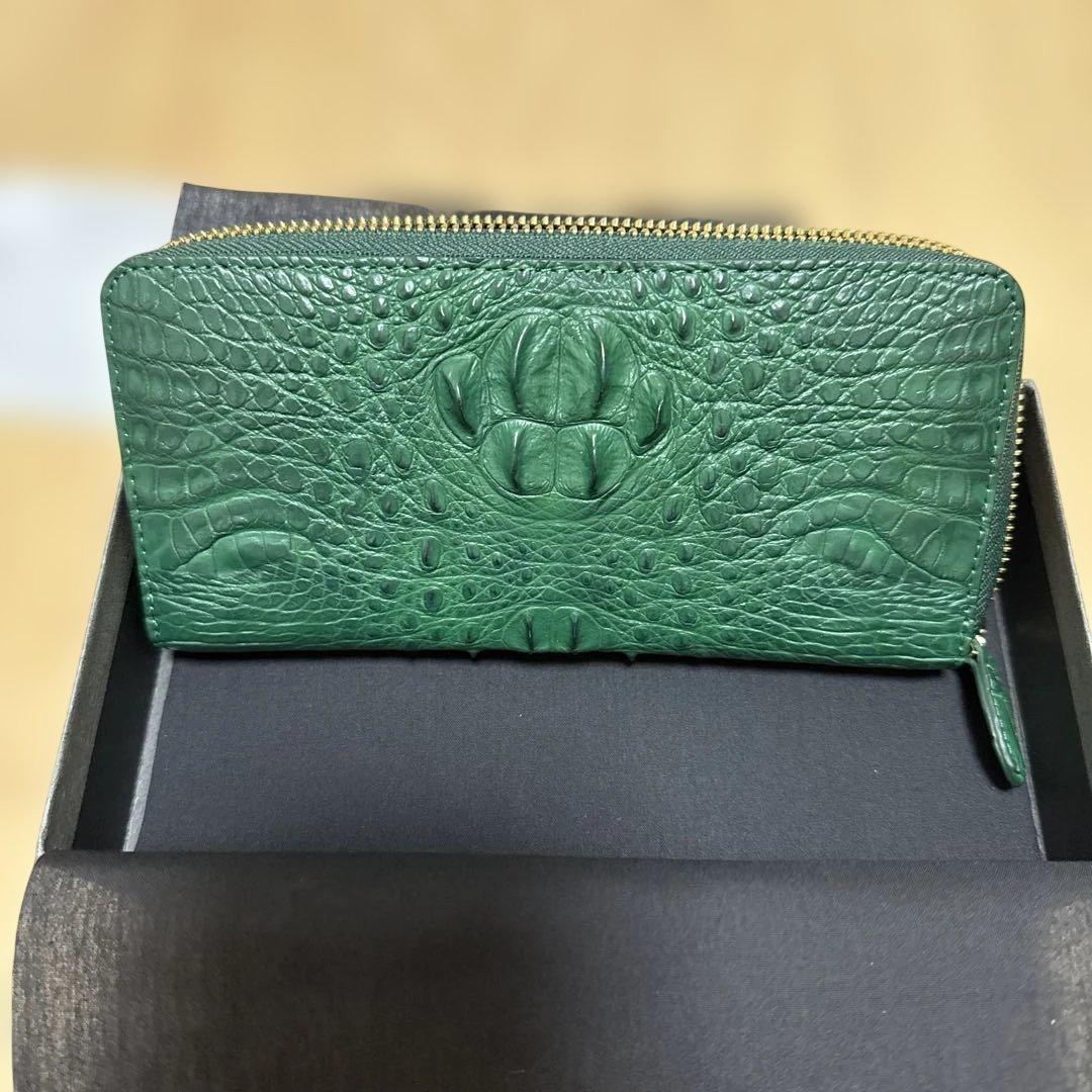 【未使用美品】ロダニア 長財布 カイマン ワニ革 グリーン ラウンドファスナー