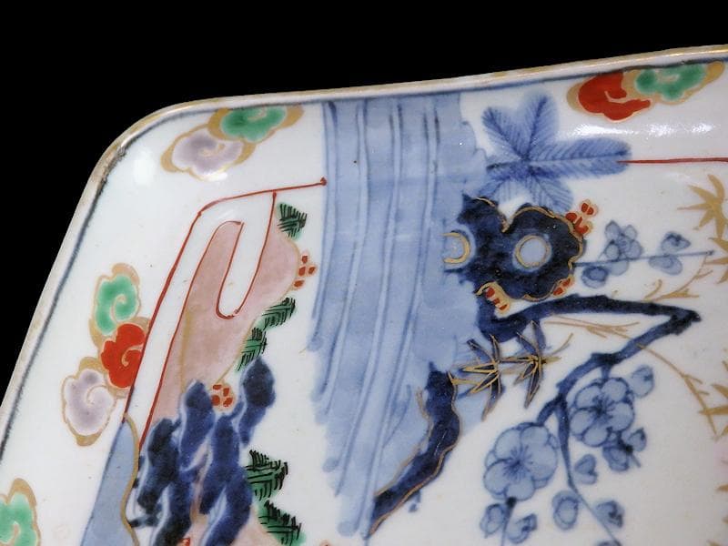 古伊万里　染錦　山水に松竹梅の図　角皿　F064AS-CQu
