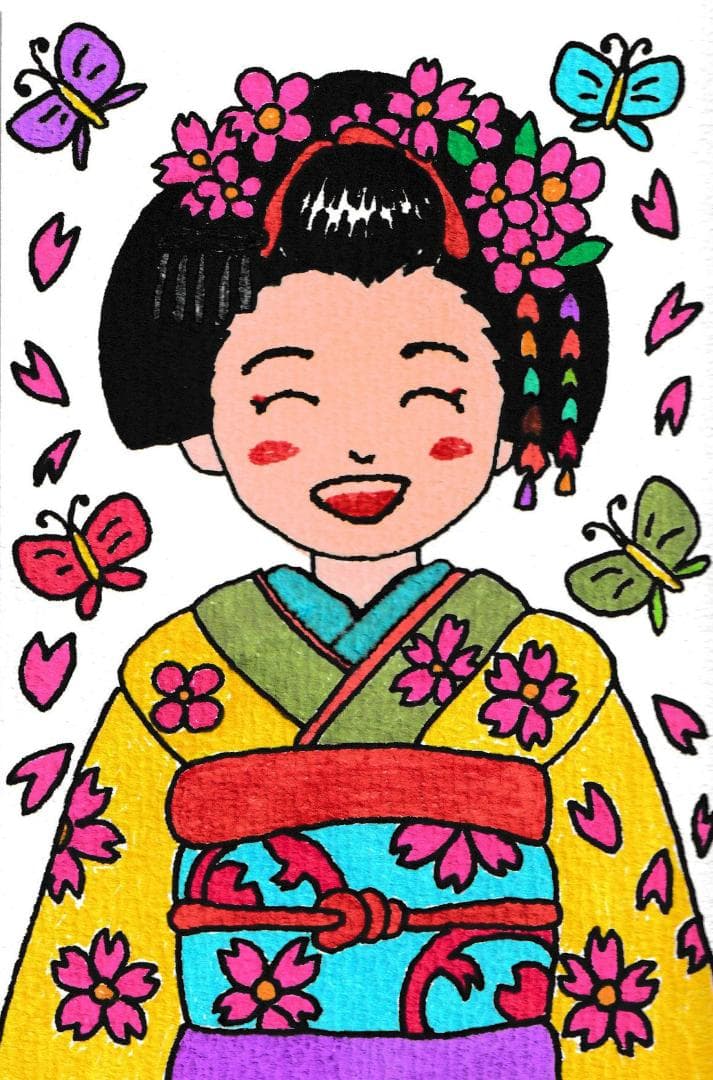 オリジナルイラスト　手描き　一点物　原画　「華やかな笑顔の舞妓さん」