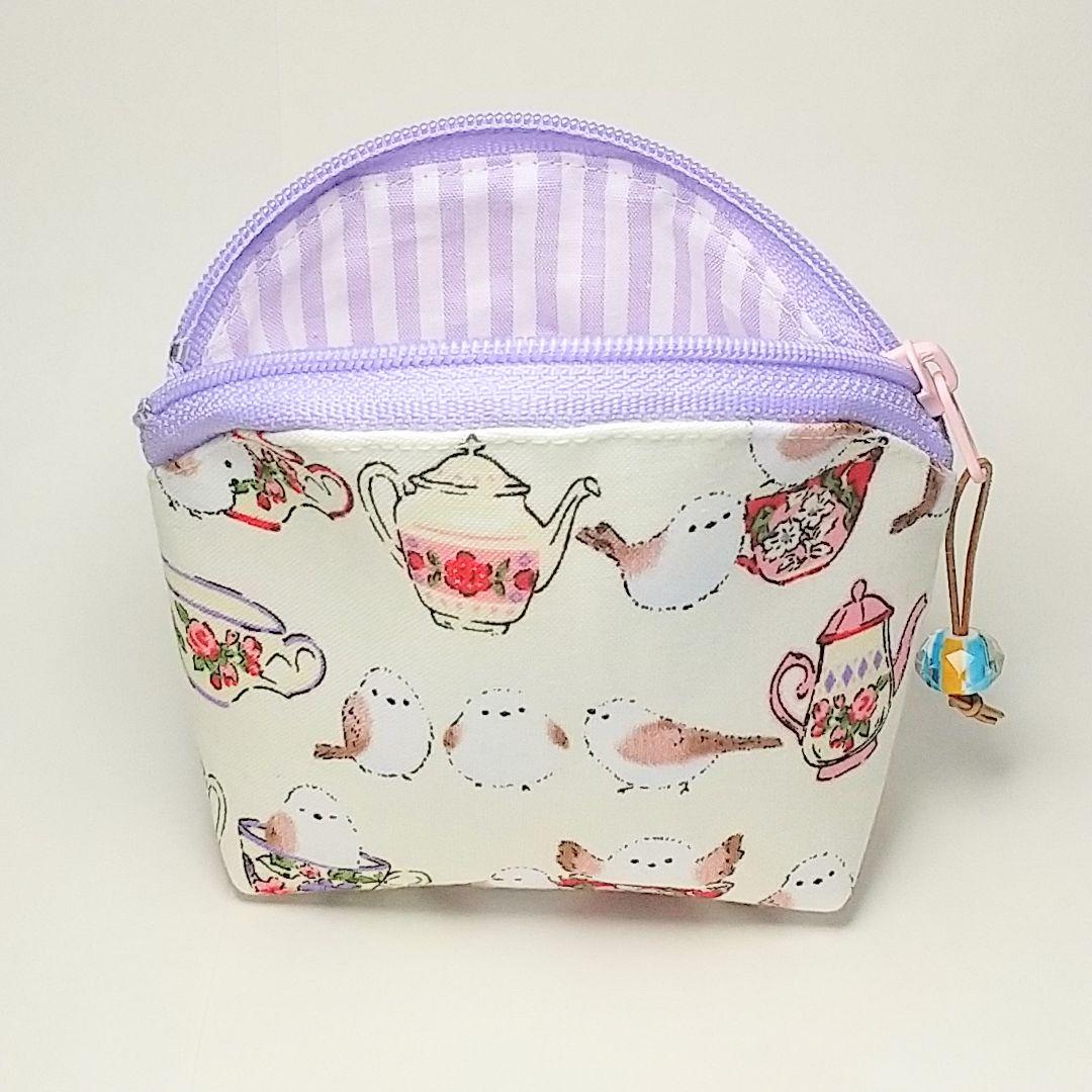 作品例★ハンドメイド ポーチ シマエナガ カップ 白 鳥 革紐 ガラスビーズ