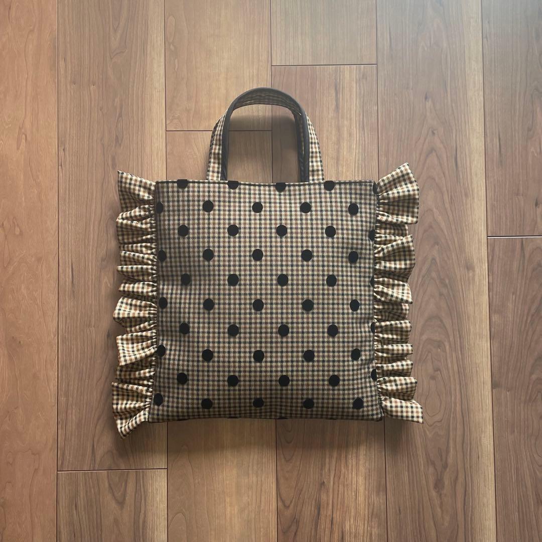 ハンドメイド ♡ フリルバッグ フリフリトート フロッキードット オジ生地