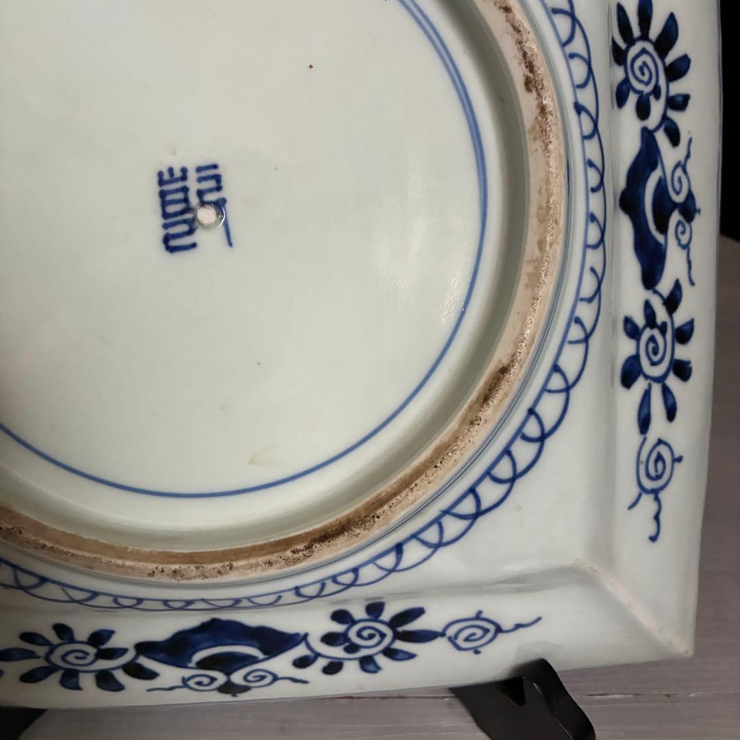 時代物 染付 約28㌢　牡丹文 角皿 飾り皿 盛皿 大皿　年代物　骨董　器