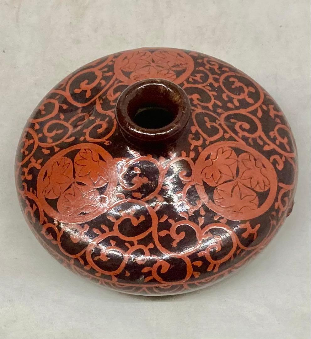 B595s 三つ葉葵紋唐草油壷　髪油　一輪挿　骨董陶器
