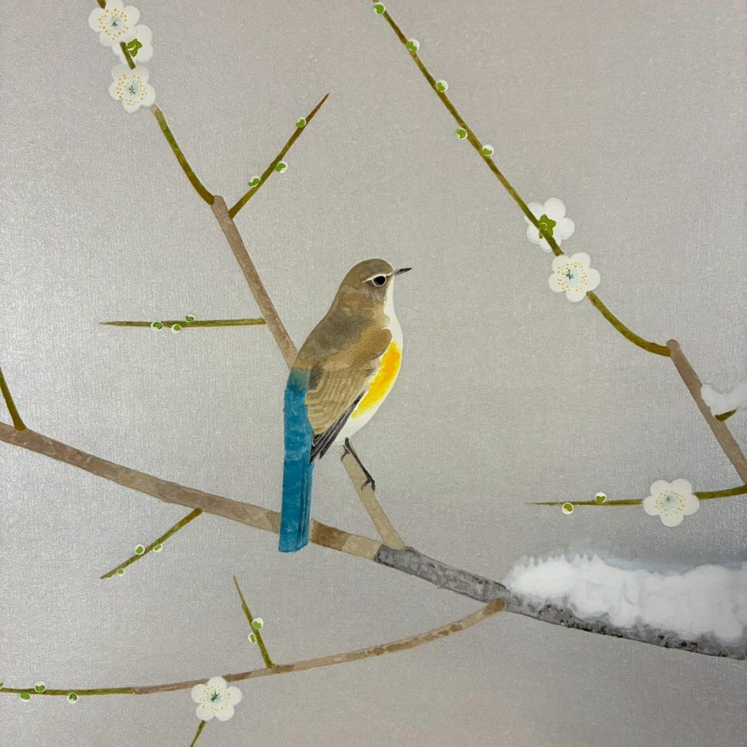 美品 上村淳之「早春」木版画 直筆サイン・印章・発行証有 上村松園の孫 花鳥