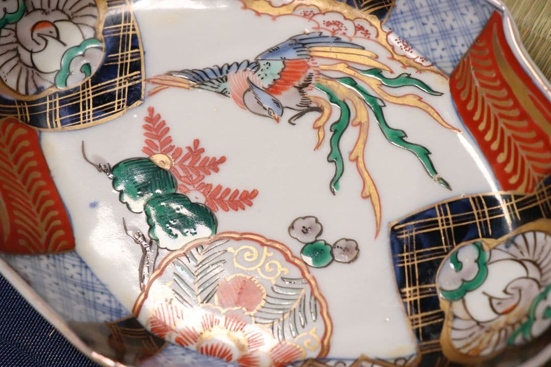 【CM53】古伊万里 桐鳳凰図 変形 刺身皿 五客 鶴 金彩 錦手 菱形 向付