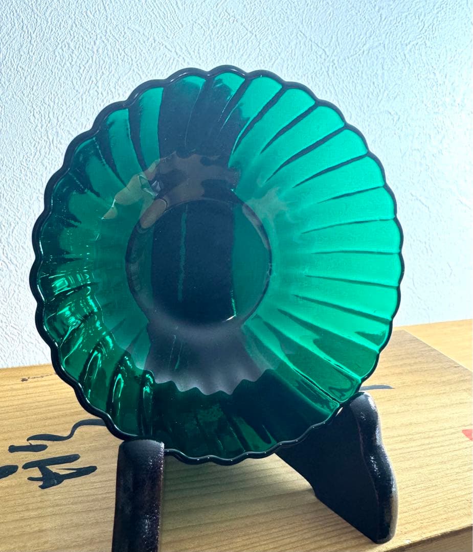 長崎ガラス　亀井ガラス　グリーン　菊形小鉢　未使用品　五客組　共箱