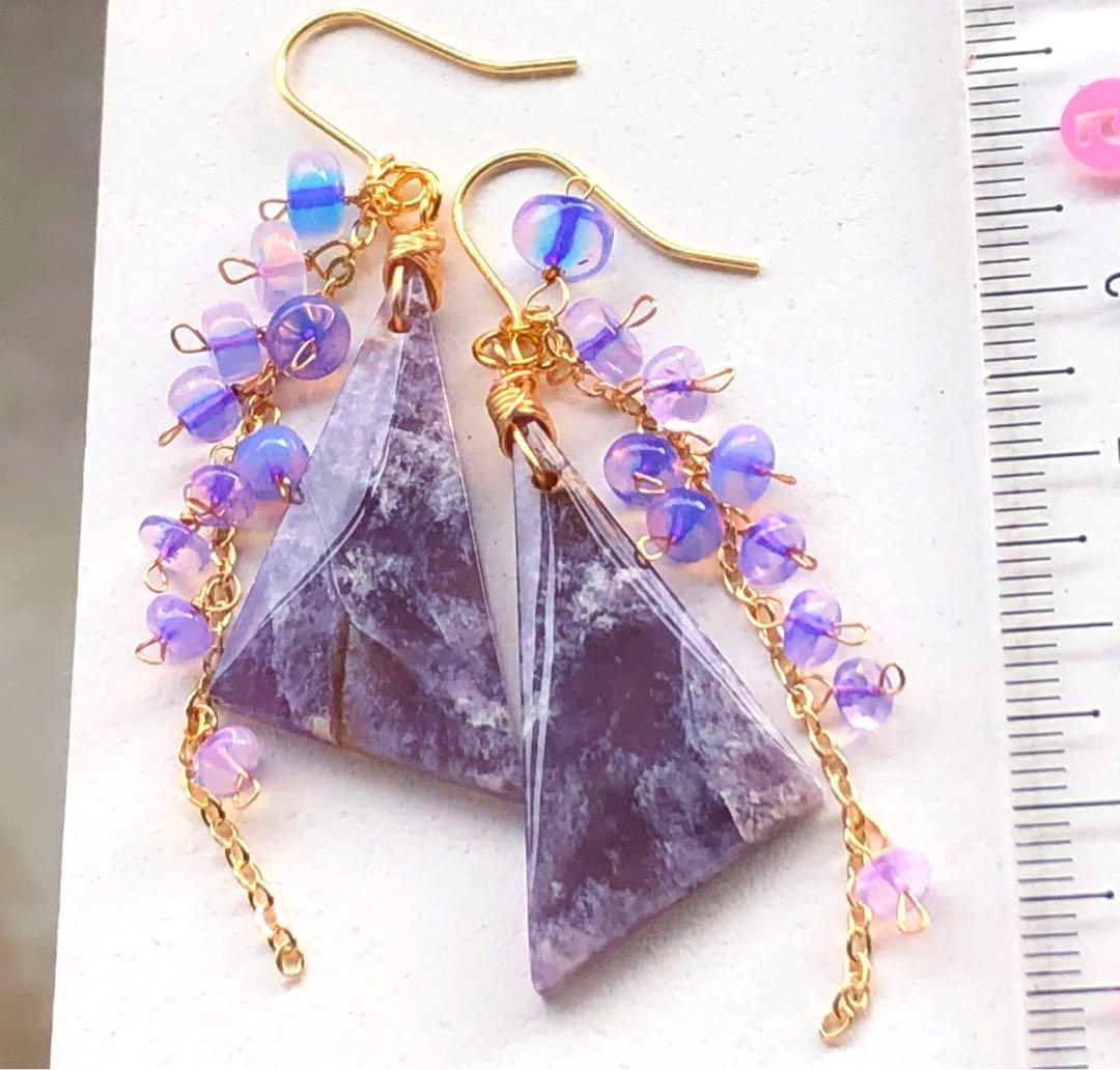 キャス様天然石♡レア♡パープルカルセドニー×オパールのシャワーピアス14kgf