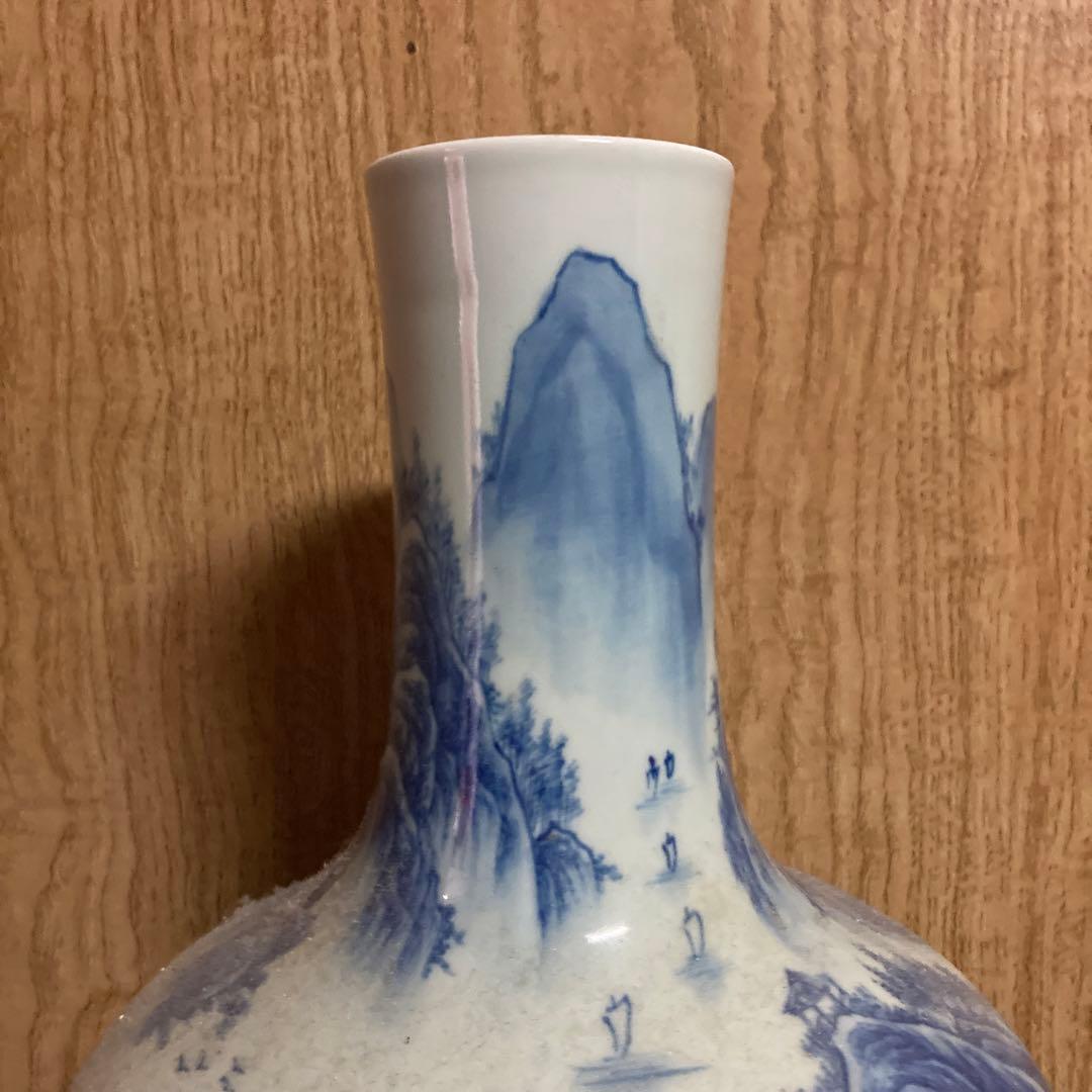 中国　染付　瓶　天球瓶　山水図　大清乾隆年製銘