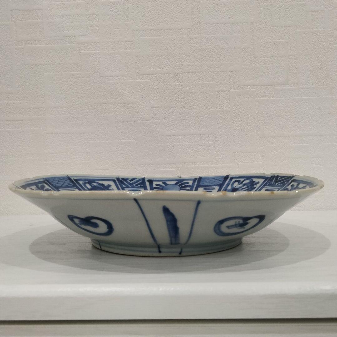 u348-6　中国 清朝期 古染付 芙蓉手 飛蝗文大皿 時代唐物　Q