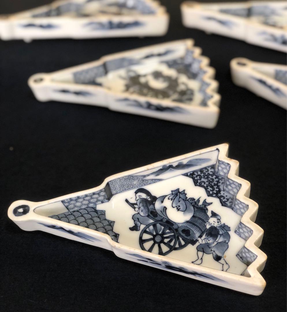 《R》染付荷車吉祥文 扇型皿5客 変形皿 鉢 大日本永楽造 1f