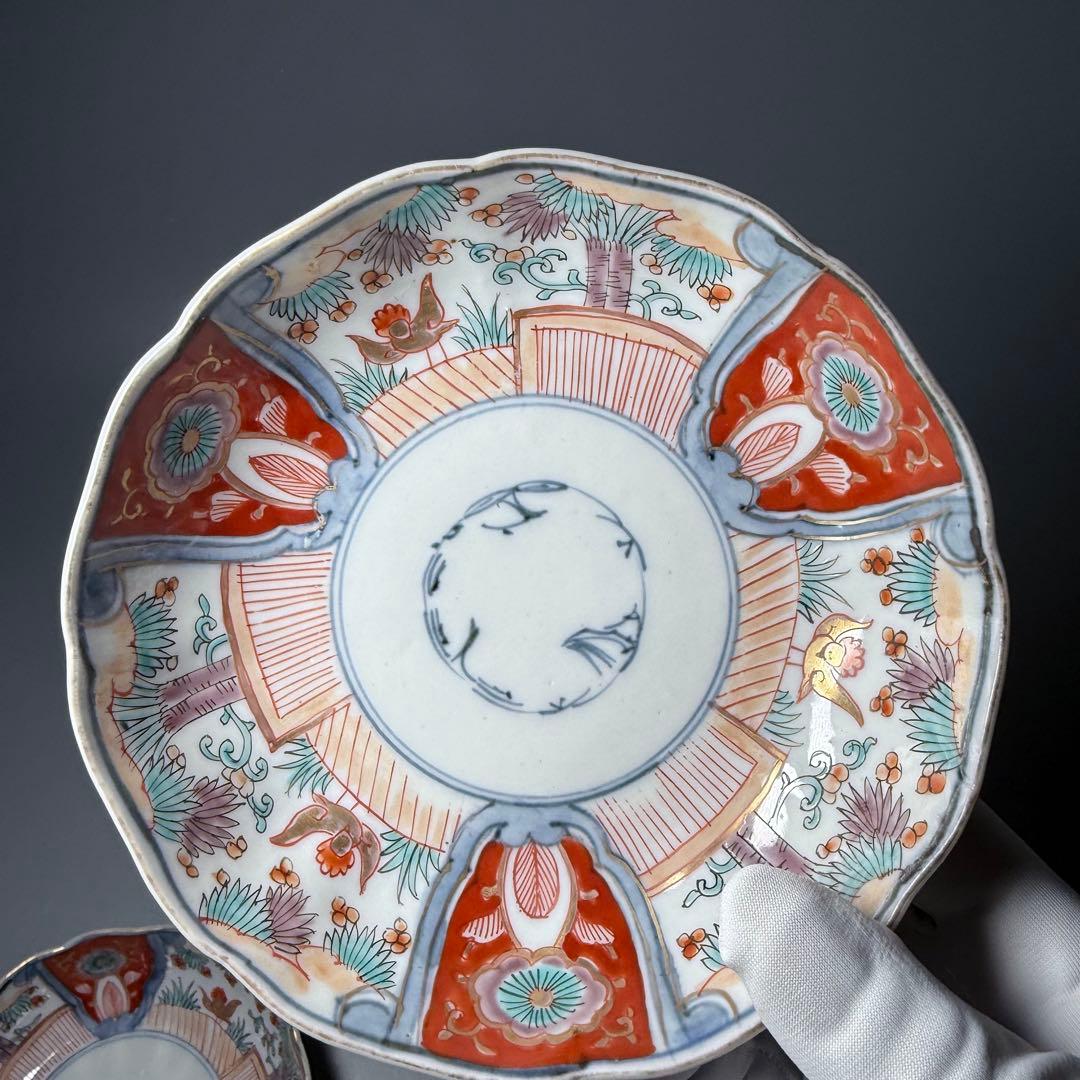 古伊万里　色絵花鳥図輪花形膾皿　松竹梅　裏巻物文様　江戸期　金蘭手　最後の五点